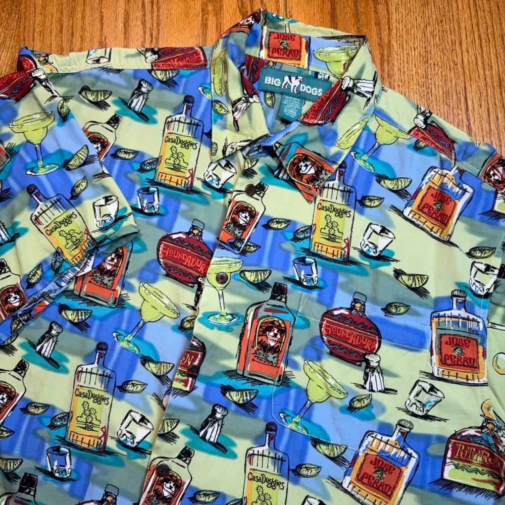 Big Dogs Hawaiian Shirt Mens XL Green Rayon Camp Jose Perro Tequila Margaritas